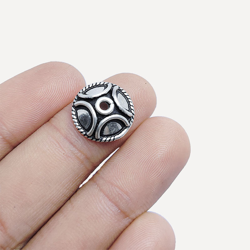 Silver Overlay Over Copper India round dome bead cap with rope edge and antique oxidized finish for jewelry making.