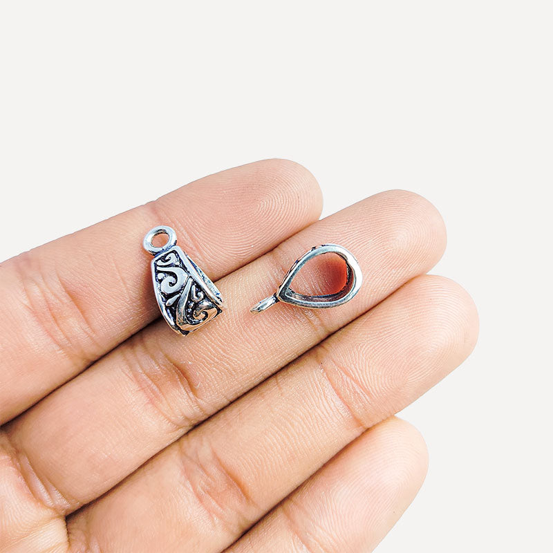 Silver Overlay Over Copper India scroll decorative Pendant Bail with oxidized finish.