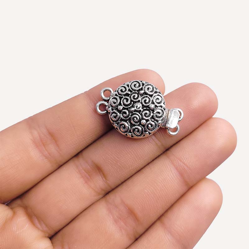 Silver Overlay Over Copper Box Clasp With 2 Hole handcrafted in India with spiral swirl design and antique finish for jewelry making.
