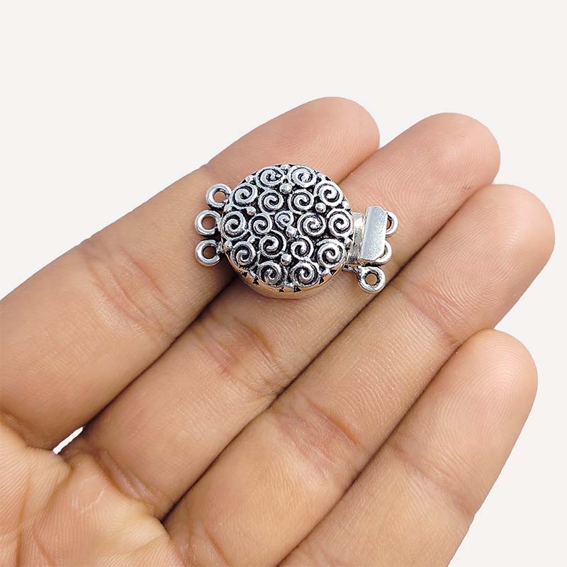 Silver Overlay Over Copper Box Clasp With 3 Hole handcrafted in India with spiral embossed detailing and antique finish for jewelry making.