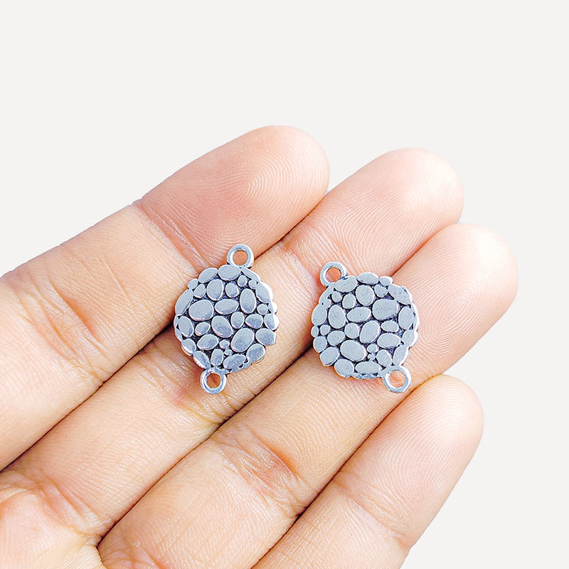 Silver Overlay Over Copper round pebble charm with double ring handcrafted in India with antique finish for jewelry making.