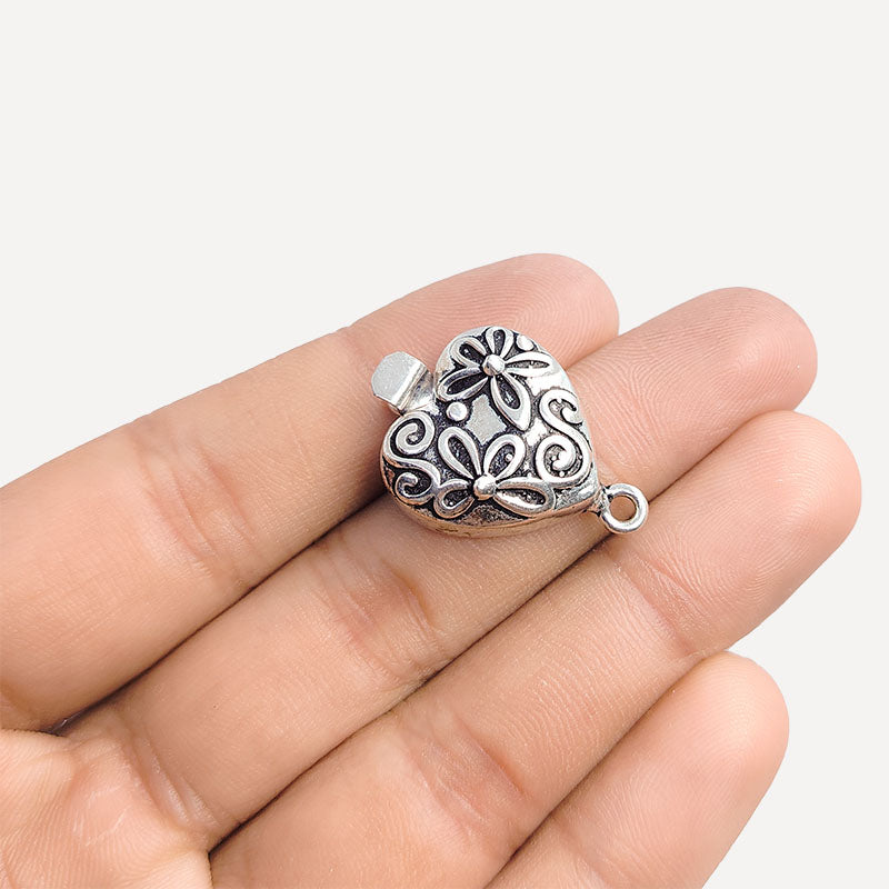 Silver Overlay Over Copper heart floral box clasp handcrafted in India with antique oxidized finish.