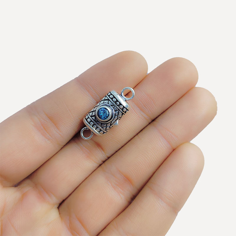 Silver Overlay Over Copper clasp with round blue stone handcrafted in India with vintage oxidized detailing.