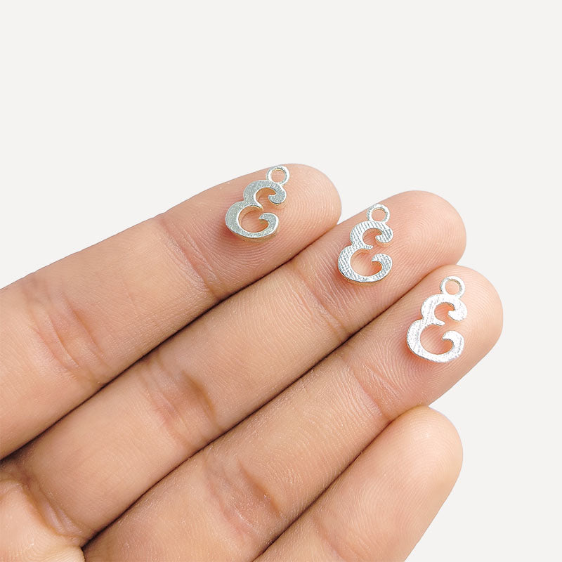 Silver overlay over copper vintage alphabet E Charm with script design, handcrafted in India for personalized jewelry