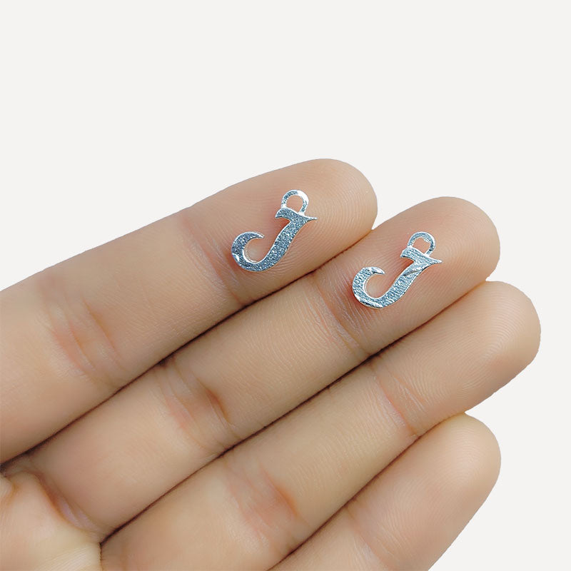 Silver overlay over copper alphabet J pendant with curved design, handcrafted in India for personalized jewelry