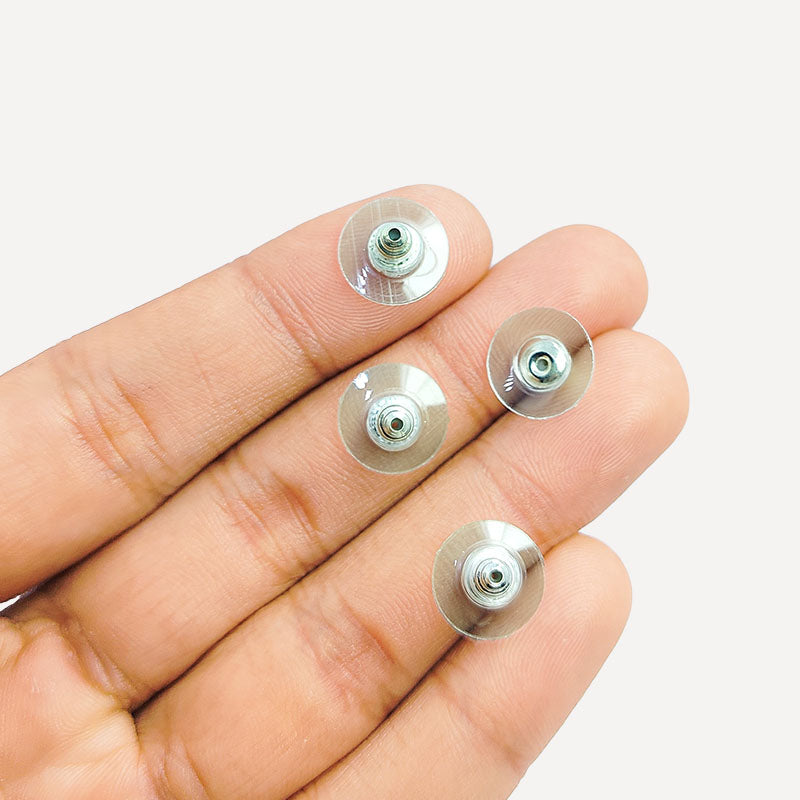 Silver Overlay India handcrafted plastic earnut earring back holder with transparent round backing and polished silver center