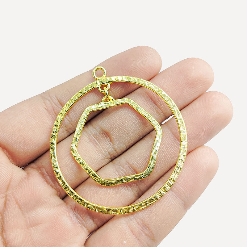 Chic 18K Gold Overlay India Circle And Hexagon Connector With Textured Design For Handcrafted Jewelry Handcrafted In India