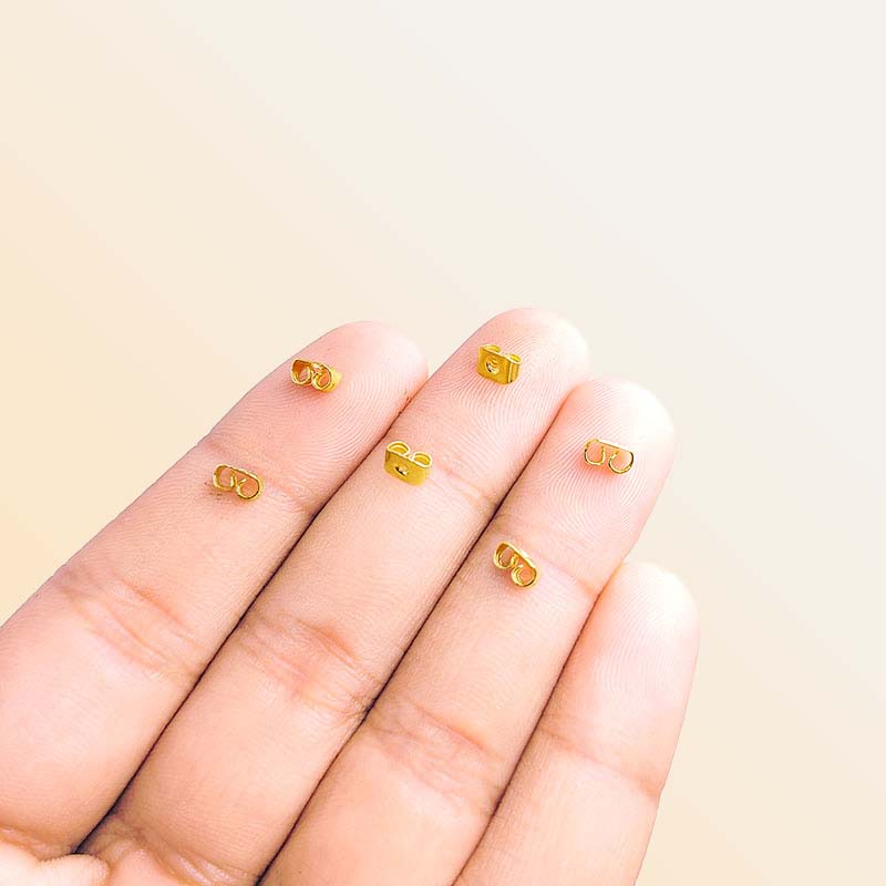 Golden square earring back in 18K gold overlay over copper with centered post opening and compact supportive design