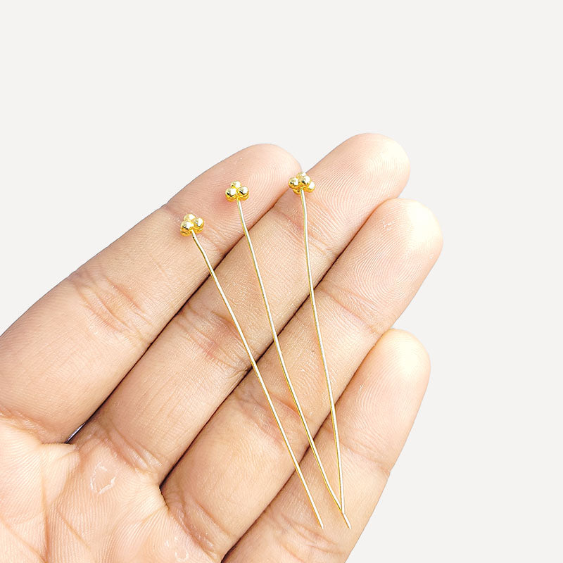 Textured triple-bead gold-overlay copper head pin handcrafted in India.