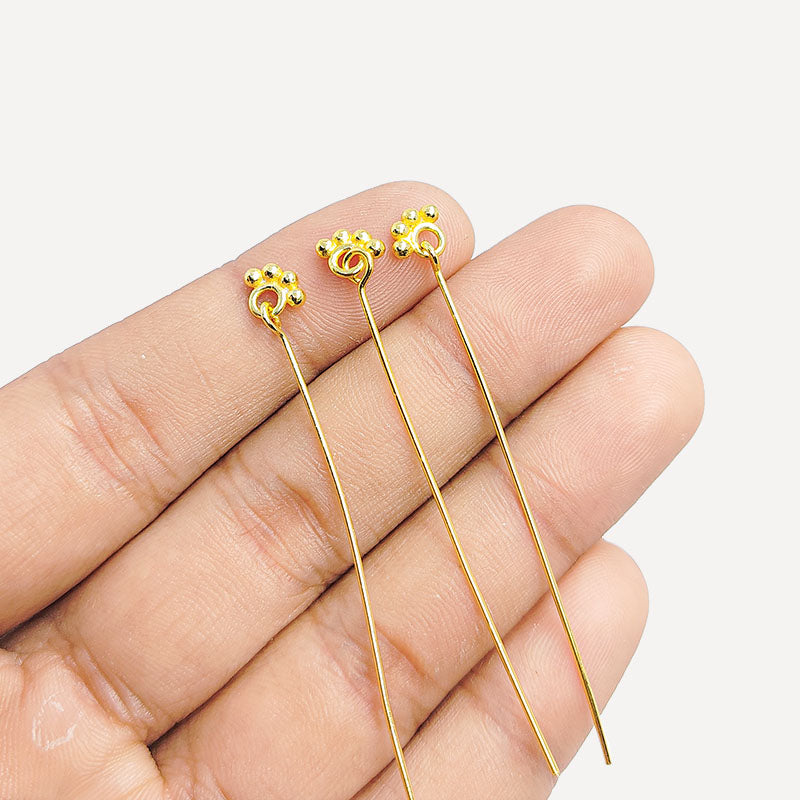 Artistic long head pin with floral granulated cluster in 18K gold overlay handcrafted in India.