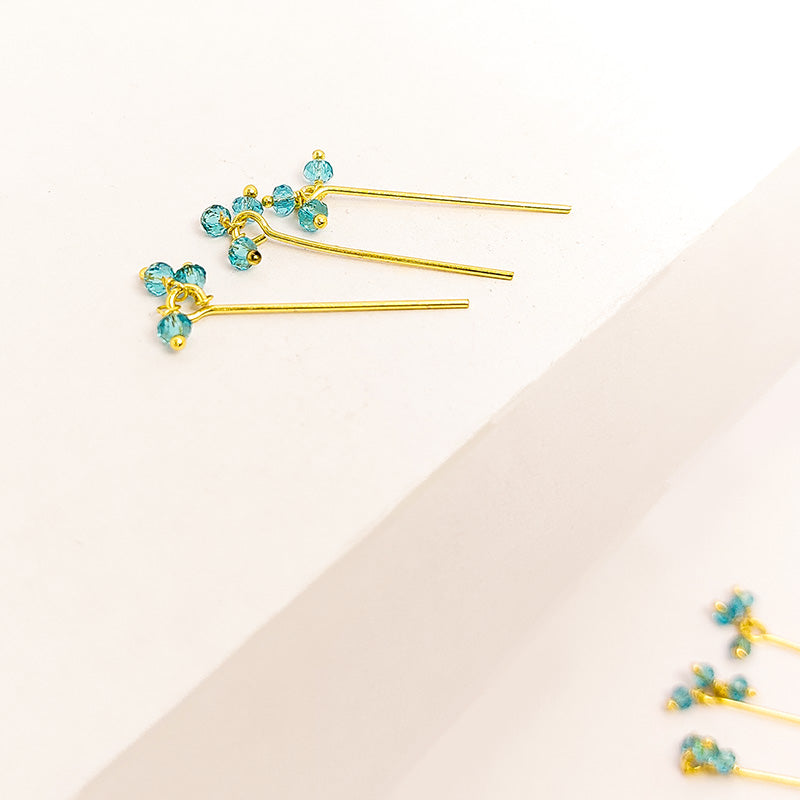 Artistic 18K gold overlay head pin with faceted blue crystal quartz beads handcrafted in India.