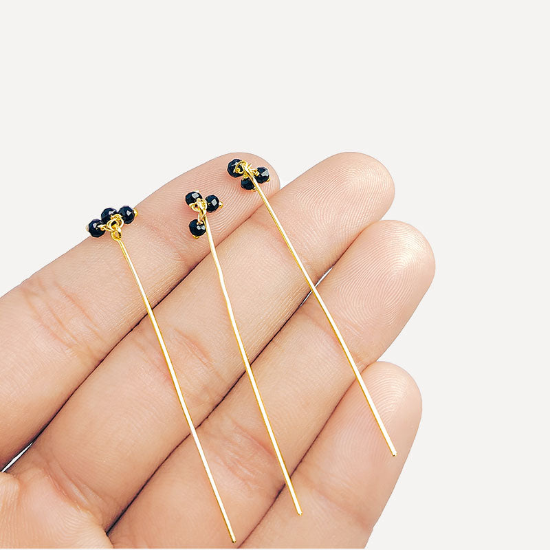 Artistic 18K gold overlay head pin with faceted Black Crystal Quartz beads handcrafted in India.