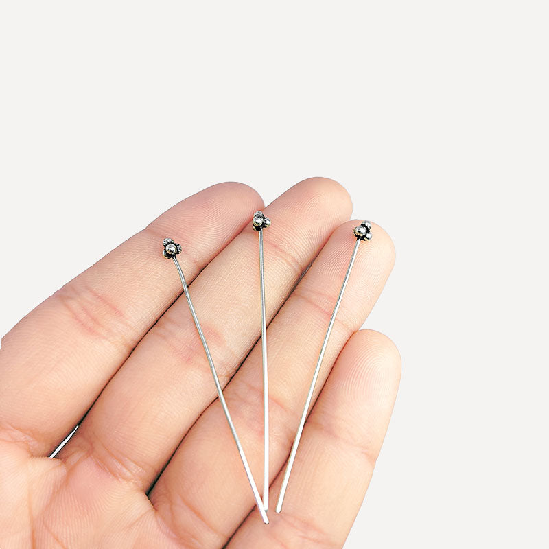India handcrafted silver overlay over copper triple-ball design head pin for retail jewelry crafting.