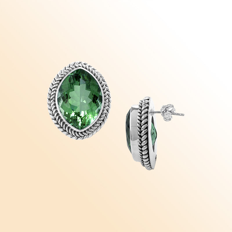 Artisan Sterling Silver Oval Green Quartz Stud Earrings With Rope Border