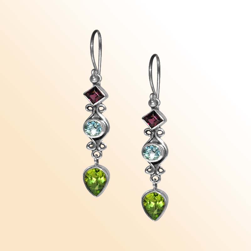 Artisan Sterling Silver Multi-Stone Dangle Earrings With Garnet Quartz Blue Topaz Quartz And Green Quartz