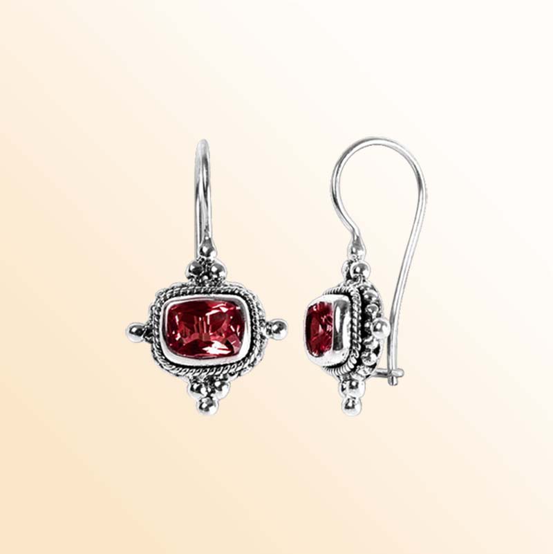 Handcrafted Sterling Silver Garnet Quartz Cushion Rope Artisan Earrings
