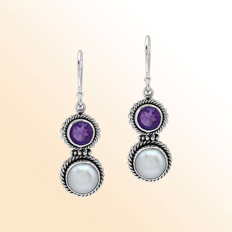 Handcrafted Sterling Silver Amethyst Quartz White Pearl Dual-Stone Rope Artisan Earrings