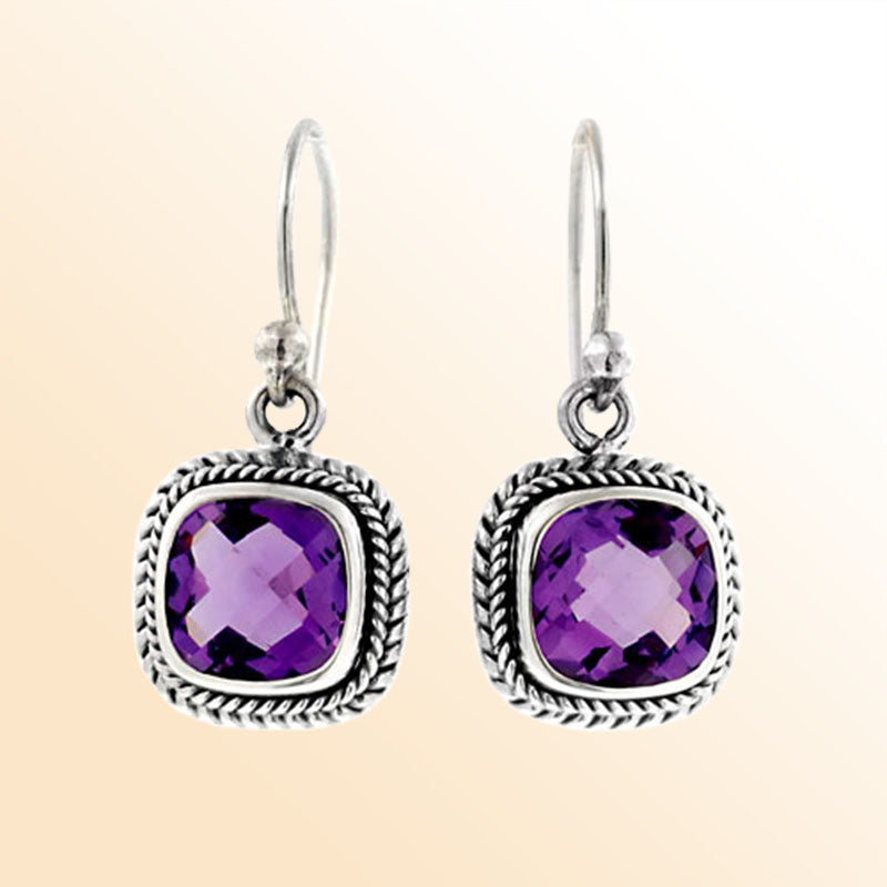 Handcrafted sterling silver amethyst quartz dangle earrings with cushion cut stone and rope detailing made in Bali.