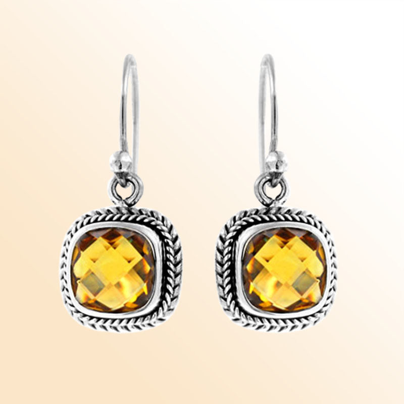 Handcrafted sterling silver dangle earrings with cushion cut citrine quartz and rope detailing made in Bali.