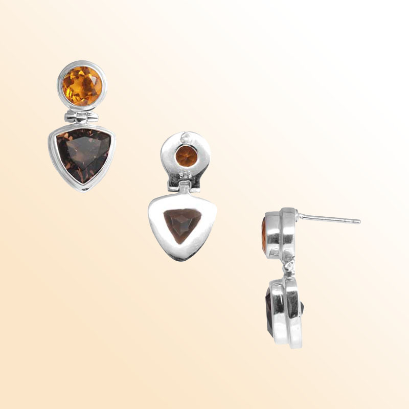 Handcrafted Sterling Silver Citrine Quartz Smoky Quartz Geometric Artisan Earrings