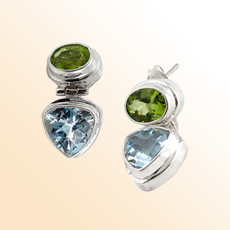 Handcrafted Sterling Silver Peridot Quartz Blue Topaz Quartz Geometric Artisan Earrings