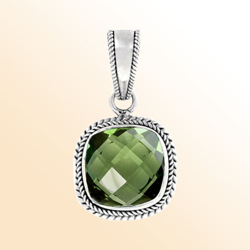 Handcrafted Sterling Silver Green Amethyst Quartz Faceted Cushion Rope Artisan Pendant