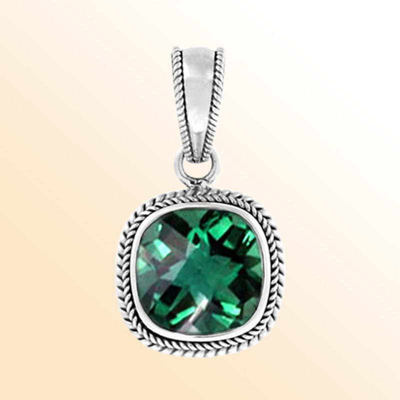 Handcrafted Sterling Silver Green Quartz Faceted Cushion Rope Artisan Pendant