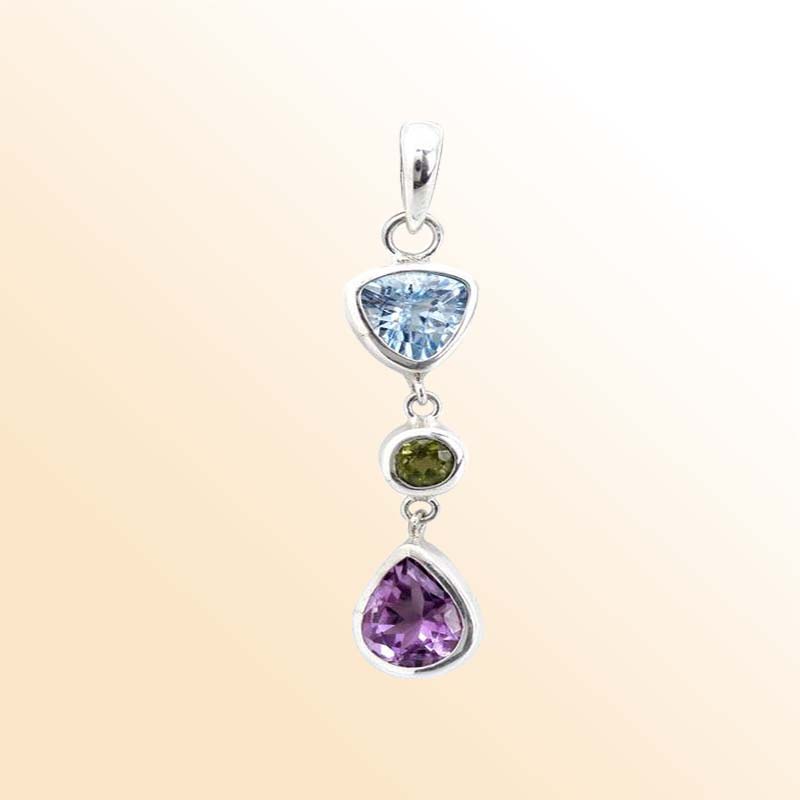 Sterling Silver Blue Topaz Quartz Peridot Amethyst Quartz Tricolor Drop Pendant.