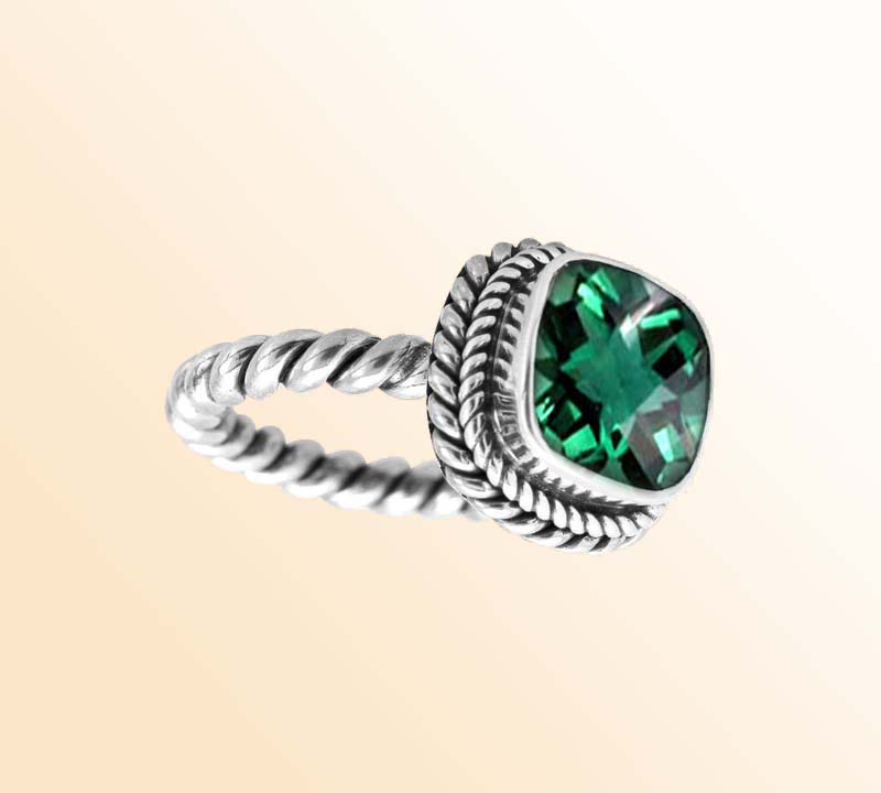 Artisan Sterling Silver Bali Ring With Green Quartz Cushion Center