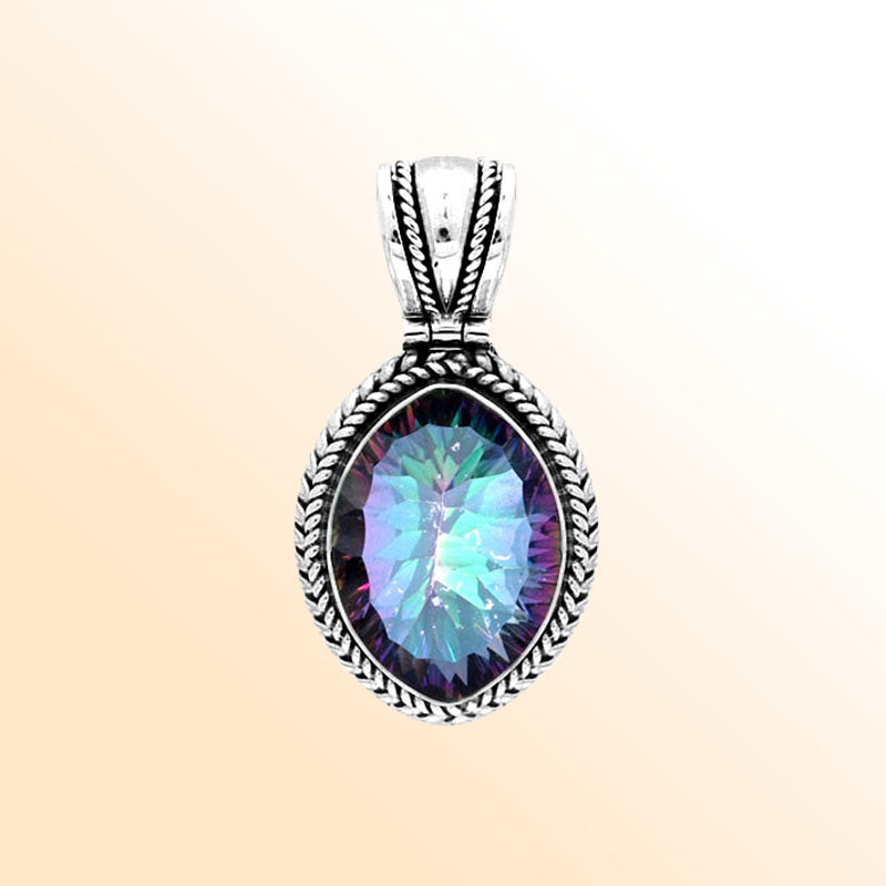 Artisan Sterling Silver Pendant With Mystic Quartz Oval Center And Rope Border