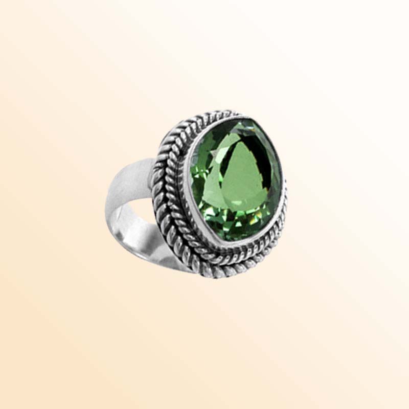 Artisan Sterling Silver Bali Ring With Pear-Cut Green Quartz Center