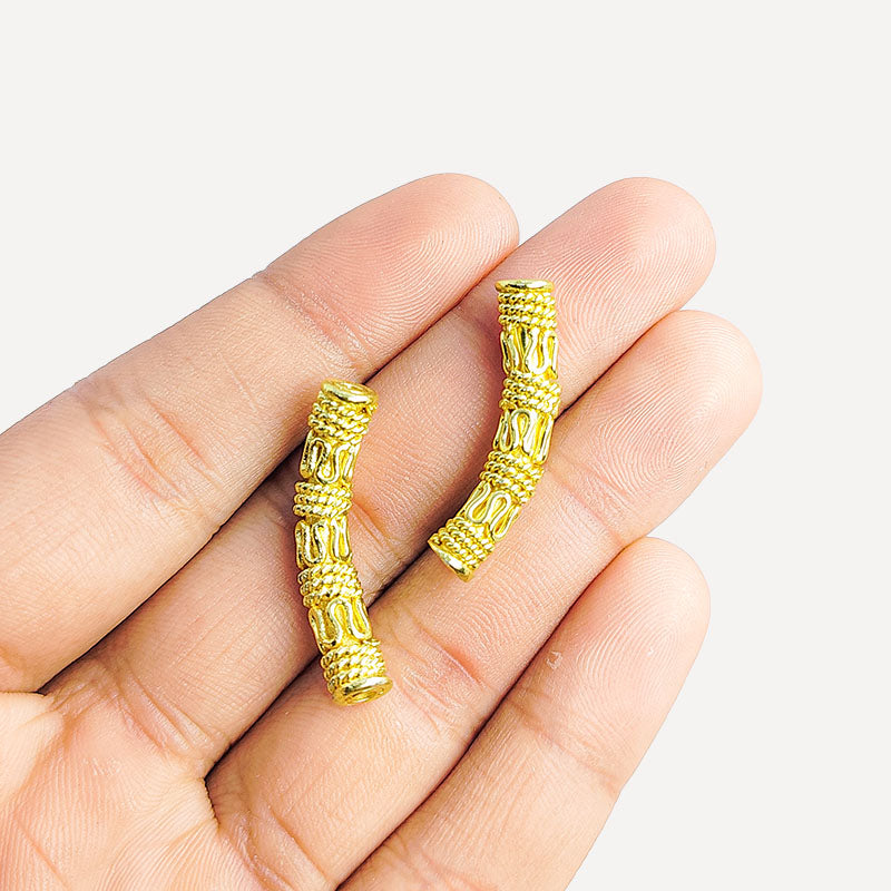 Handcrafted 18K Gold Overlay Tube Over Copper curved jewelry bead from India with polished finish