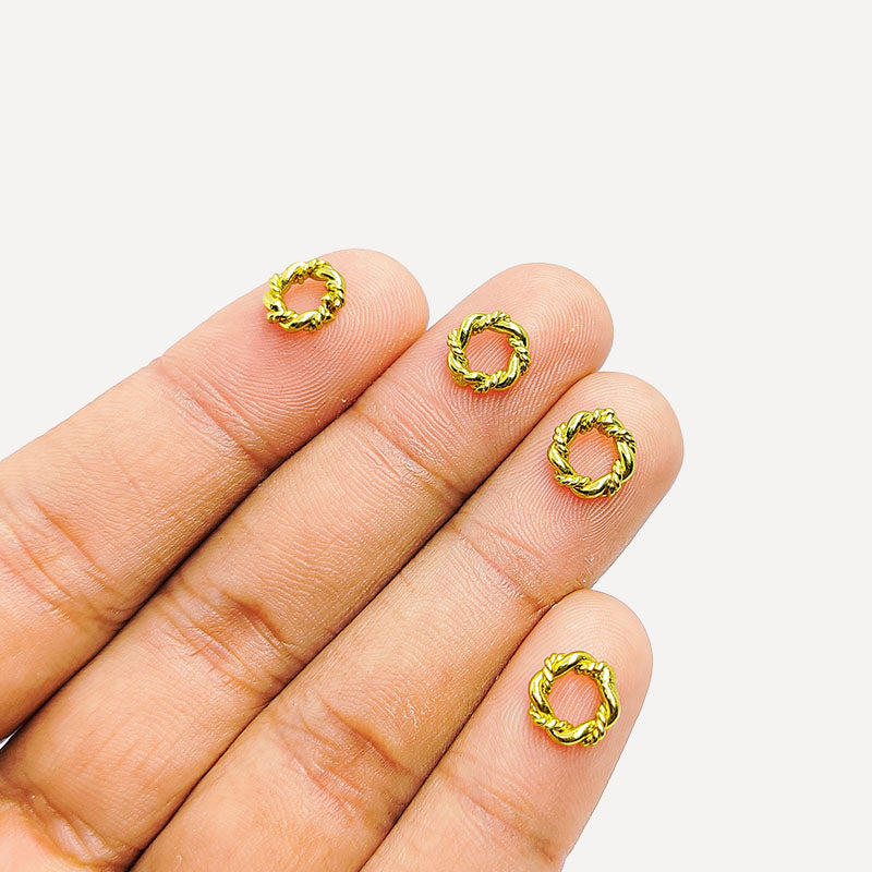 Elegant 18K Gold Overlay Copper twisted rope jewelry ring with polished gold finish and textured detailing, handcrafted in India for DIY jewelry making and creative designs.
