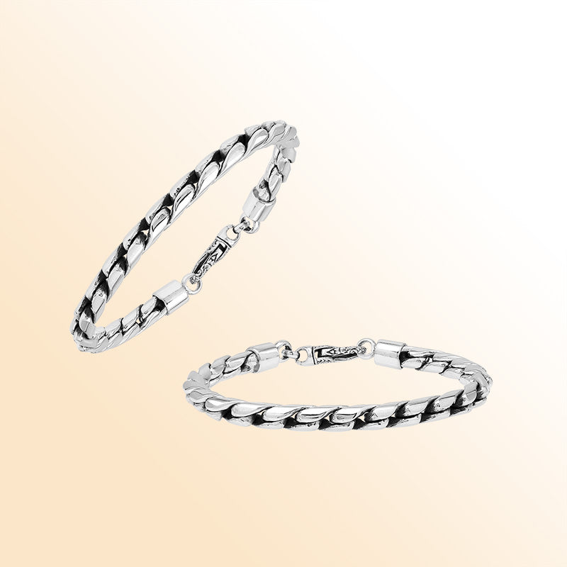 Handcrafted Sterling Silver Bali Heavy Link Chain Bracelet With Reflective Finish And Lobster Lock.