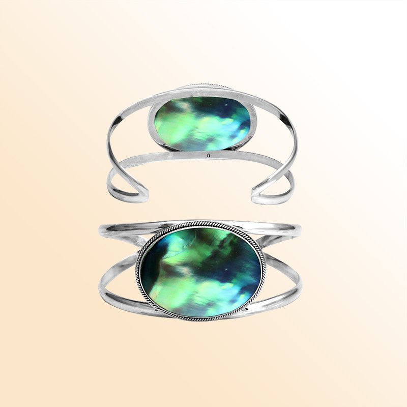 Sterling Silver Cuff Bracelet With Oval Abalone Shell And Curved Bands