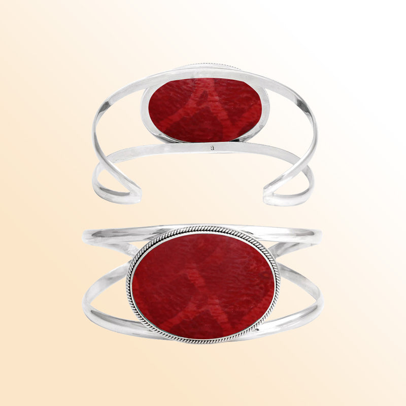Sterling Silver Cuff Bracelet With Oval Red Coral And Curved Bands