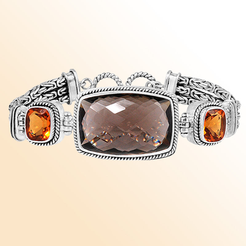 Sterling Silver Bracelet With Faceted Smoky Quartz And Citrine Quartz Accents