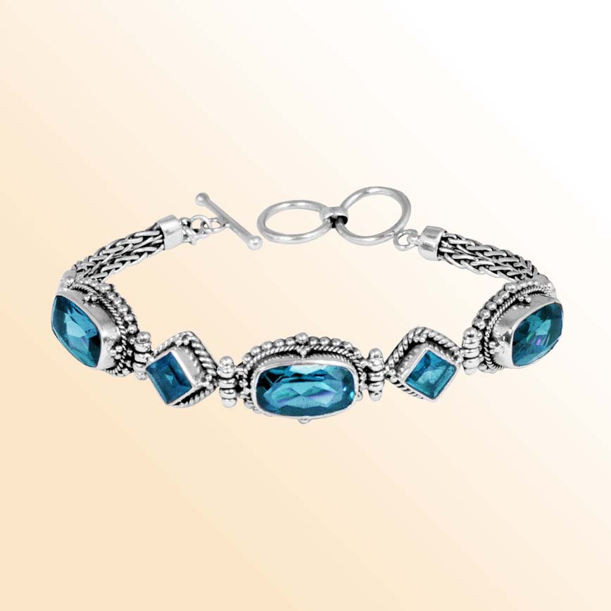 Sterling Silver Bracelet With Blue Topaz Quartz Multi-Shape Stones And Beaded Detailing