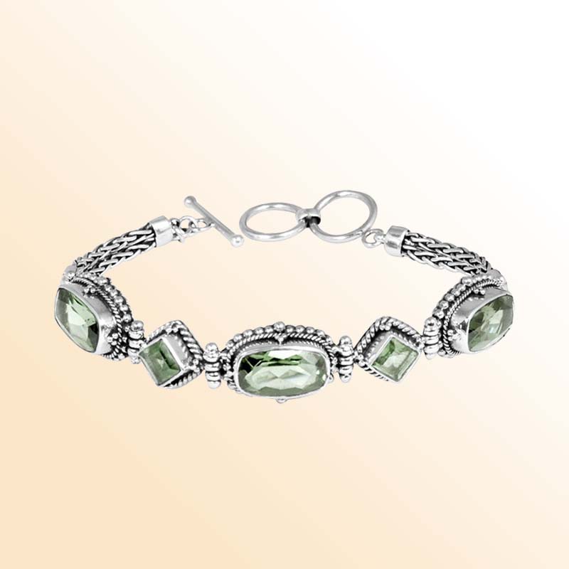 Sterling Silver Bracelet With Green Amethyst Quartz Multi-Shape Stones And Beaded Detailing
