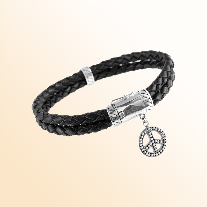 Handcrafted Sterling Silver And Black Leather Double-Braided Bracelet With Peace Charm And Polished Clasp