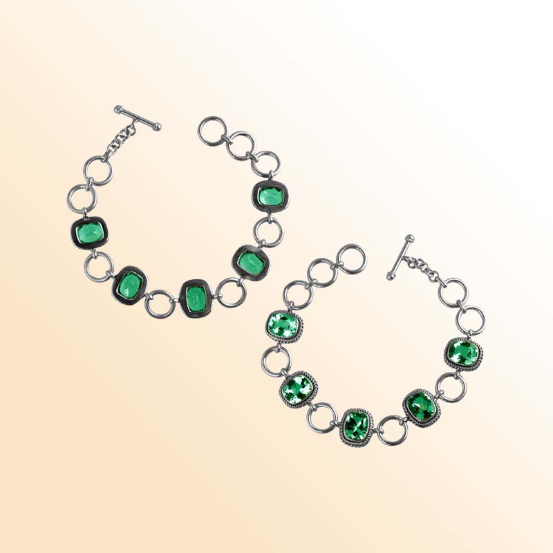 Handcrafted Sterling Silver Bracelet Featuring Green Quartz Cushion Stones In Rope Bezels And Silver Rings