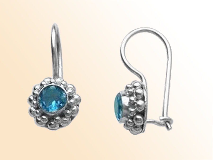 Handcrafted sterling silver Blue Topaz Quartz earrings with kidney wire and beaded Bali frame