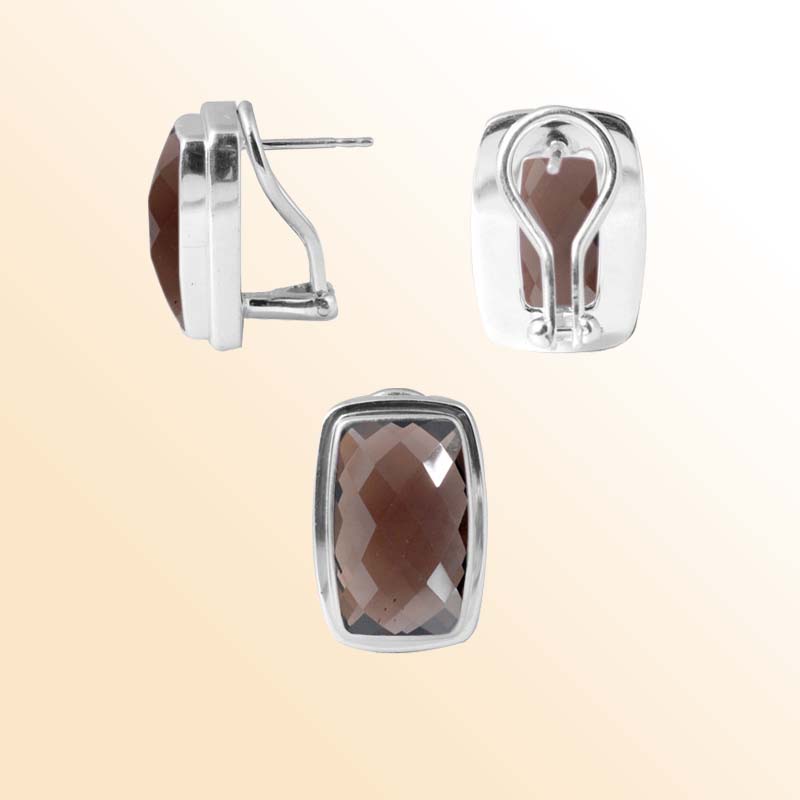 Handcrafted sterling silver Smoky Quartz rectangular clip earrings with polished Bali design