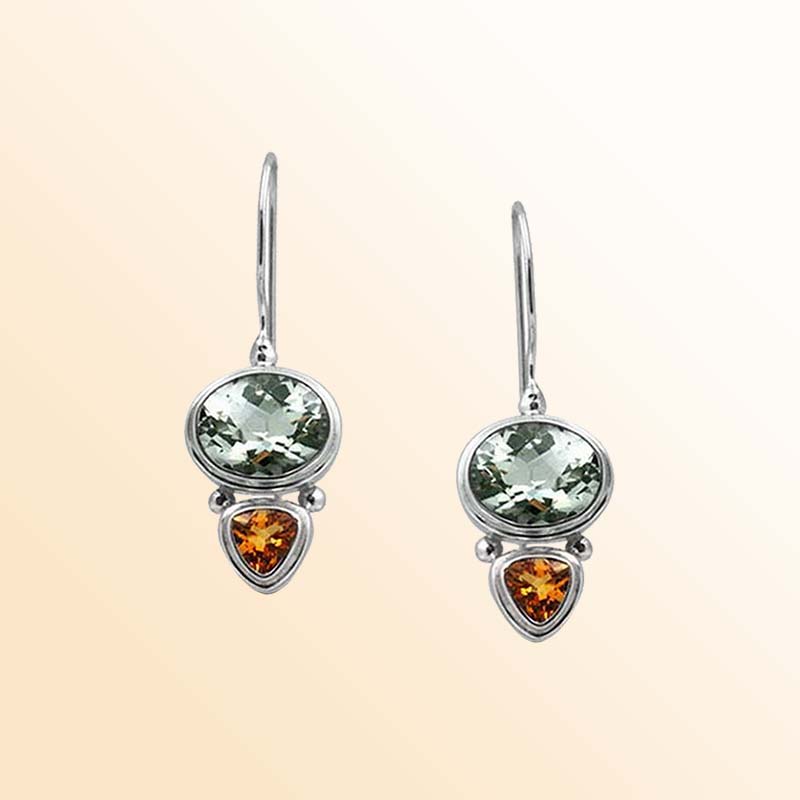 Handcrafted sterling silver Green Amethyst Quartz and Citrine Quartz dual drop earrings with Bali detailing