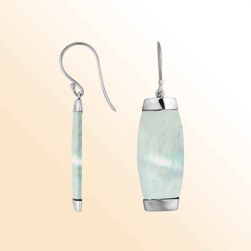 Handcrafted sterling silver Mother Of Pearl long curved drop earrings with Bali artisan design