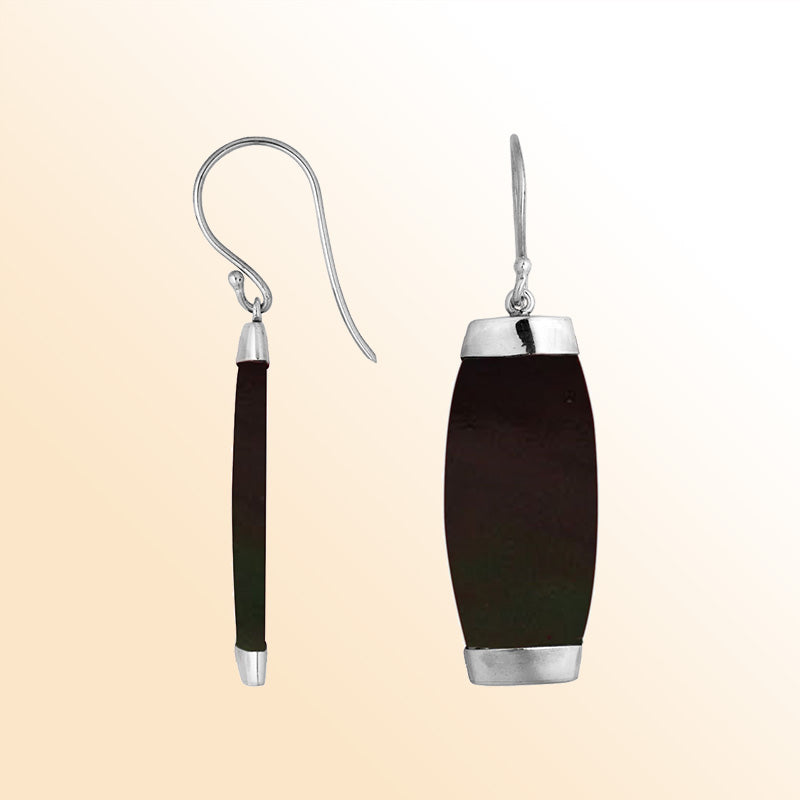 Handcrafted sterling silver Shell Black long curved drop earrings with Bali artisan design