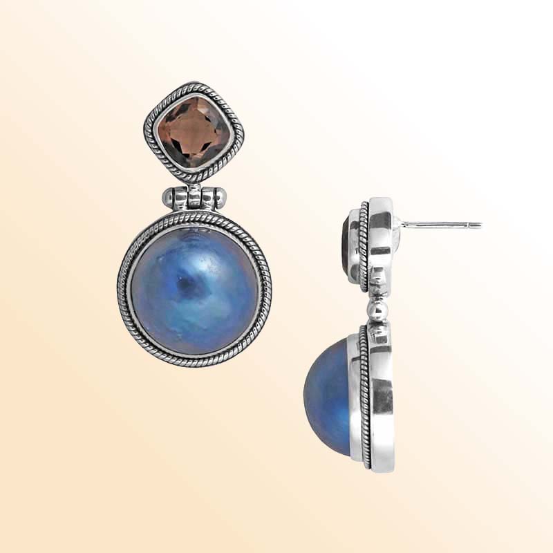 Handcrafted Sterling Silver earrings with Fresh Water Pearl and Smoky Quartz featuring Bali rope texture and radiant dual finish.