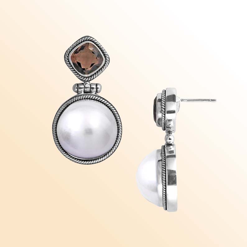 Handcrafted Sterling Silver earrings with Mabe Pearl and Smoky Quartz featuring Bali rope-edge texture and dual oxidized-polish finish.