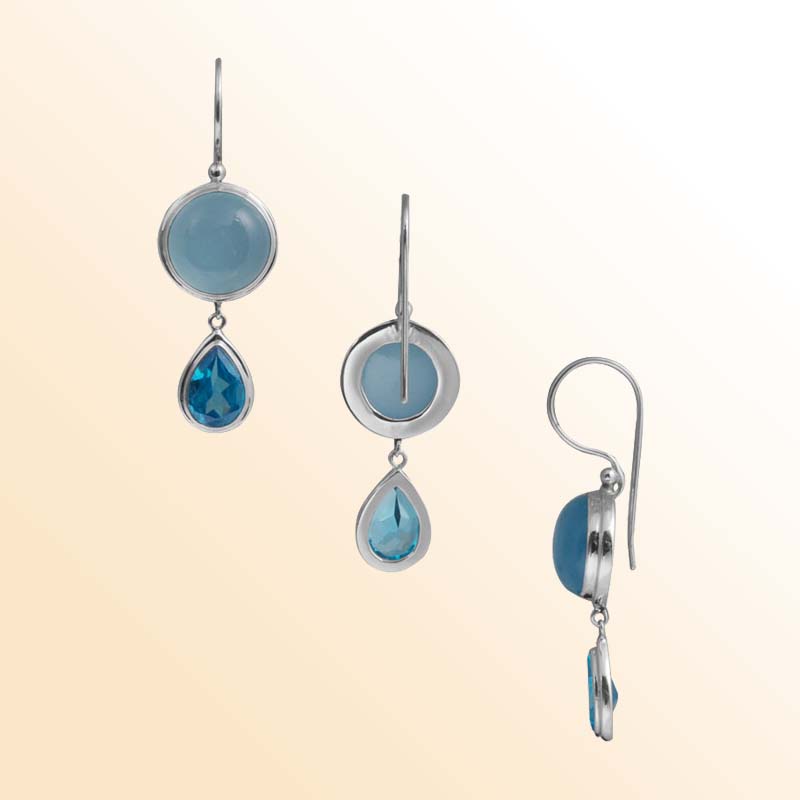 Handcrafted Sterling Silver earrings with Blue Chalcedony Quartz and Blue Topaz Quartz featuring polished dual-stone bezel design.