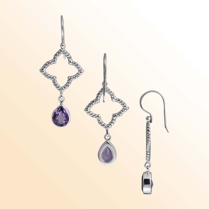 Handcrafted Sterling Silver earrings with Amethyst Quartz featuring twisted rope diamond frame and teardrop design.